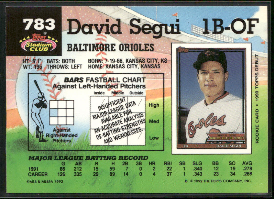 David Segui 1992 Stadium Club #783b Baltimore Orioles