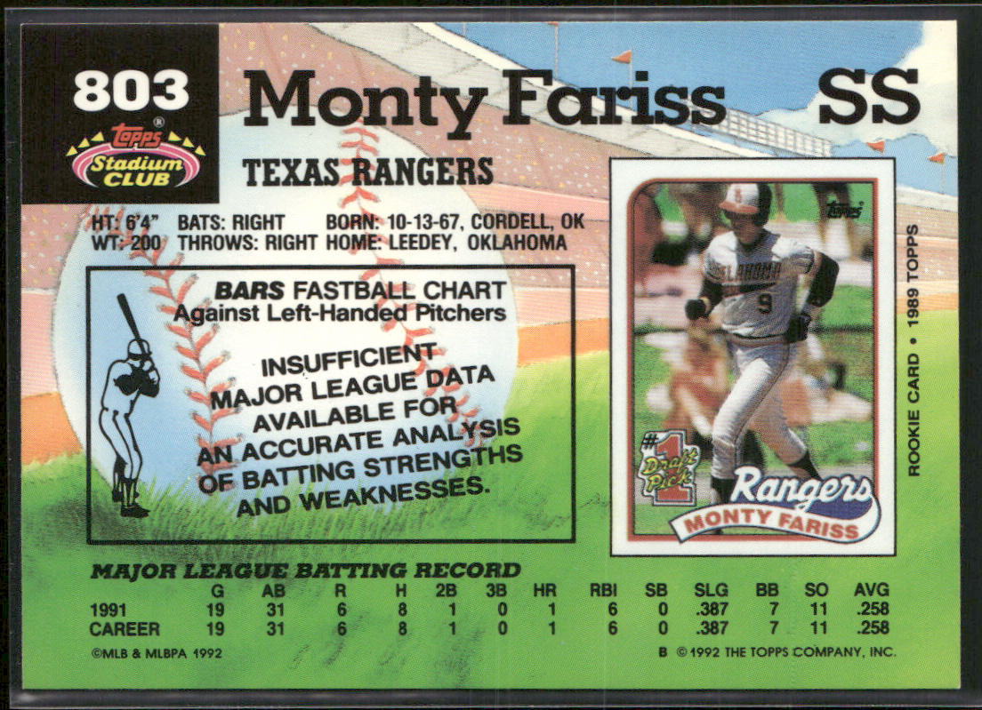 Monty Fariss 1992 Stadium Club #803b Texas Rangers