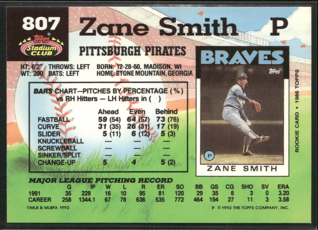 Zane Smith 1992 Stadium Club #807b Pittsburgh Pirates