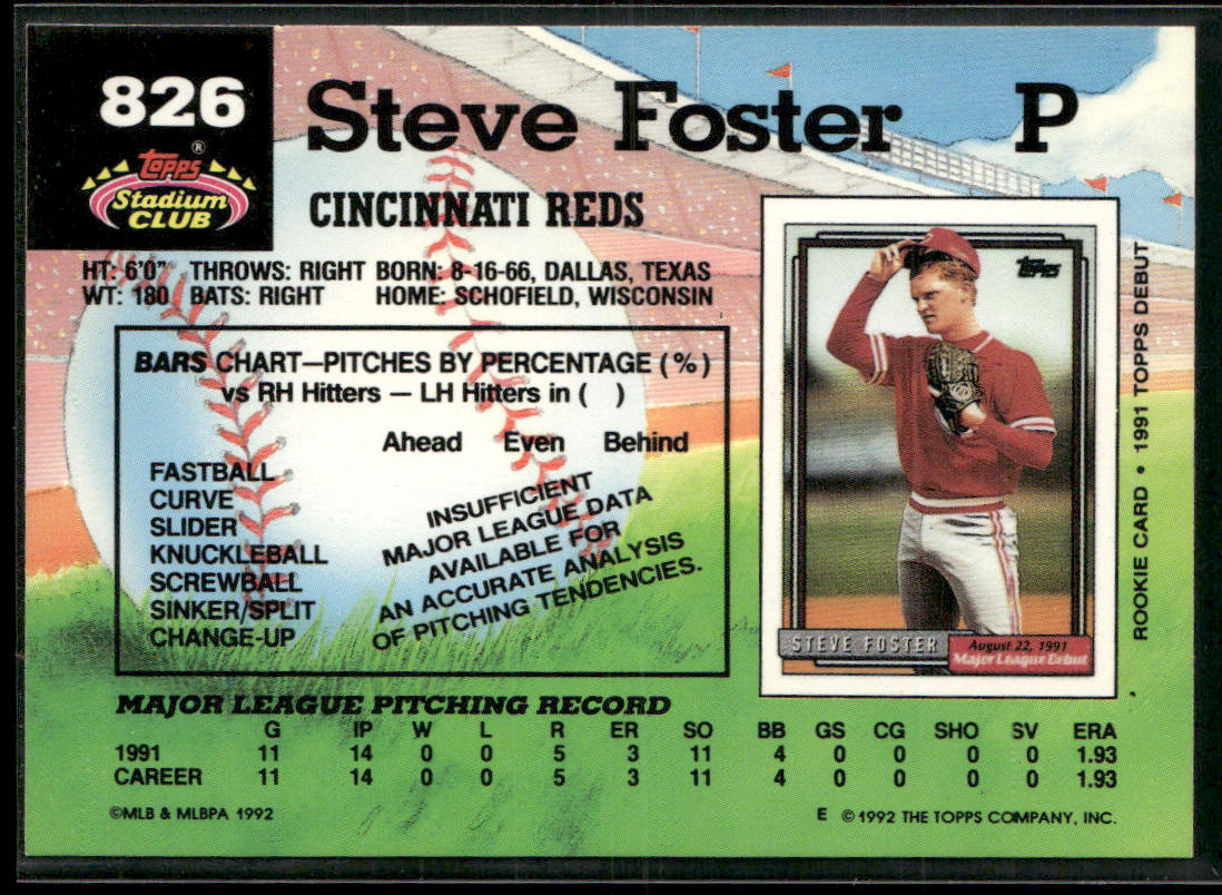 Steve Foster 1992 Stadium Club #826 Cincinnati Reds