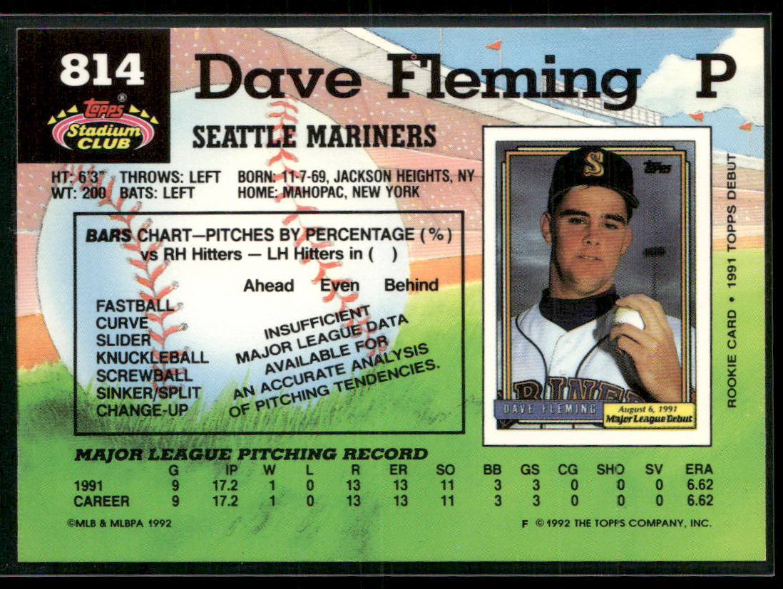 Dave Fleming 1992 Stadium Club #814b Seattle Mariners