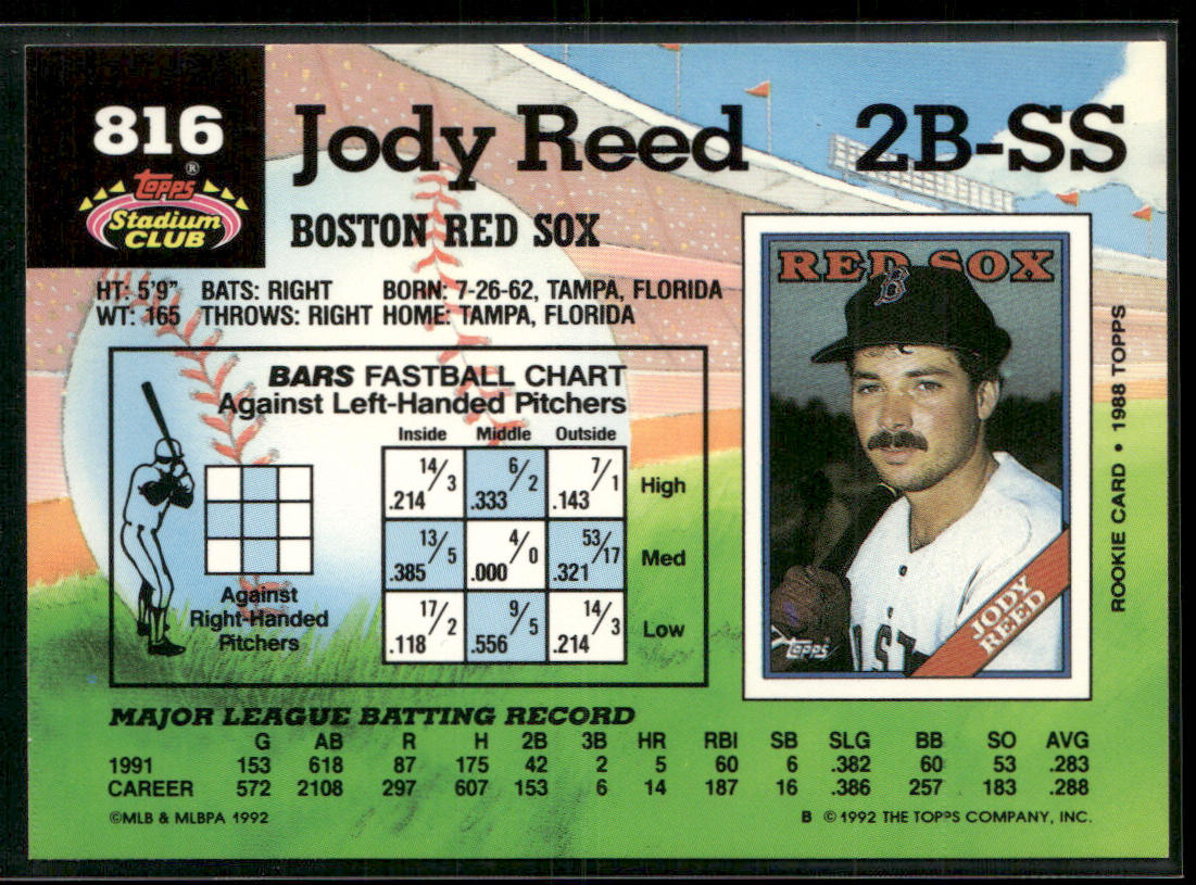 Jody Reed 1992 Stadium Club #816 Boston Red Sox