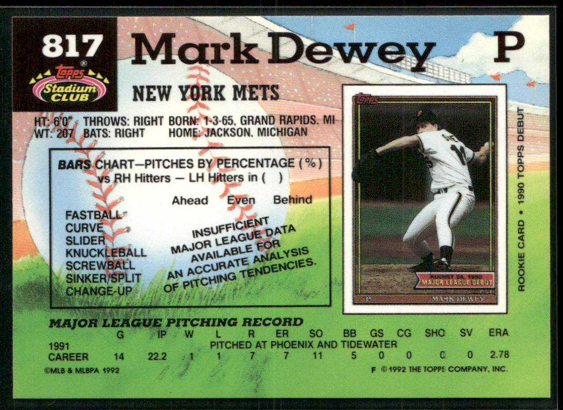 Mark Dewey 1992 Stadium Club #817 New York Mets