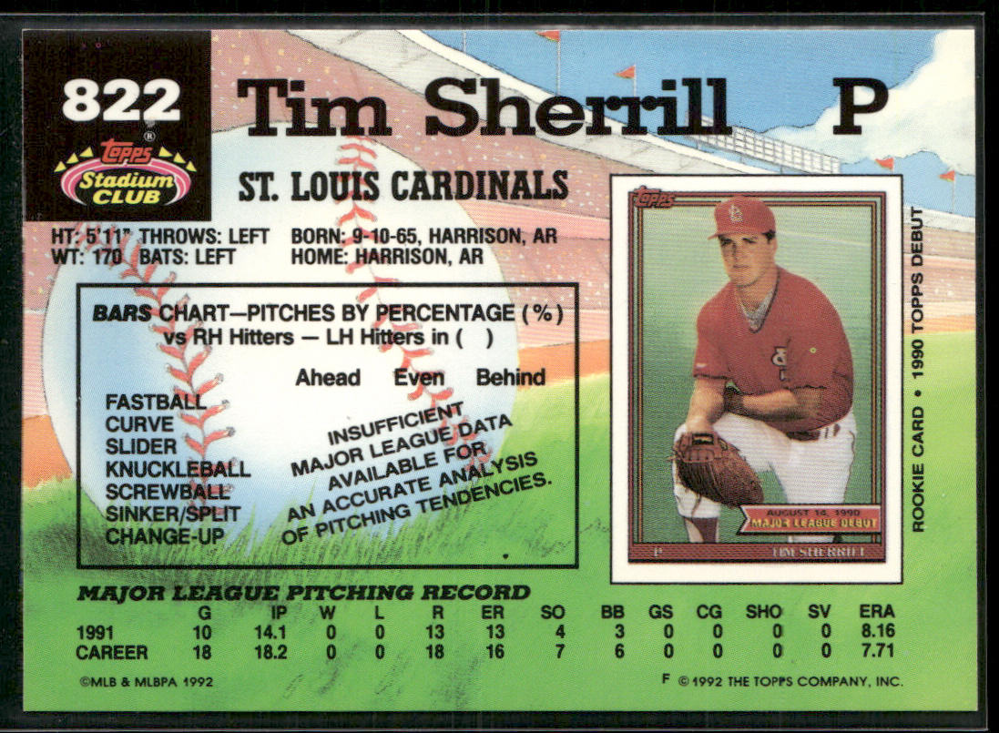 Tim Sherrill 1992 Stadium Club #822 St. Louis Cardinals
