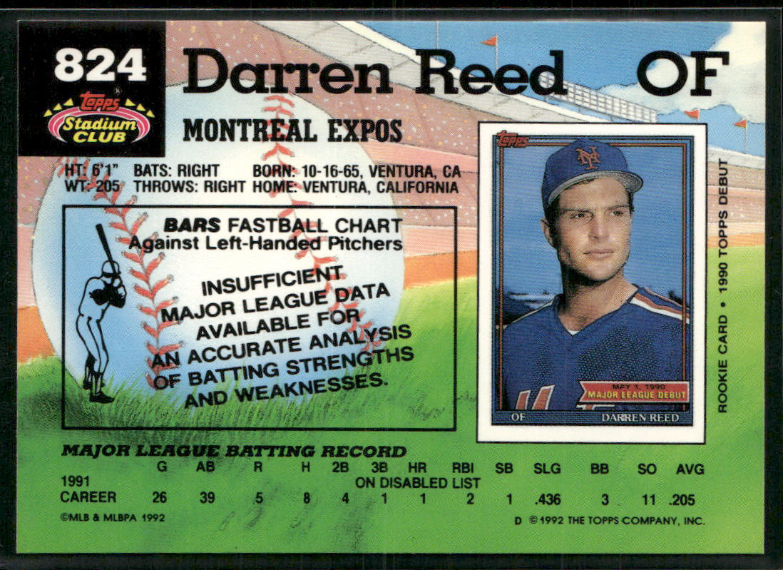Darren Reed 1992 Stadium Club #824b Montreal Expos