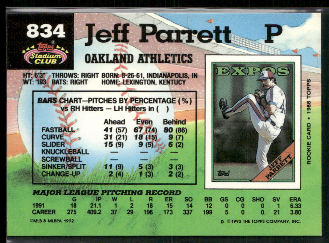 Jeff Parrett 1992 Stadium Club #834b Oakland Athletics