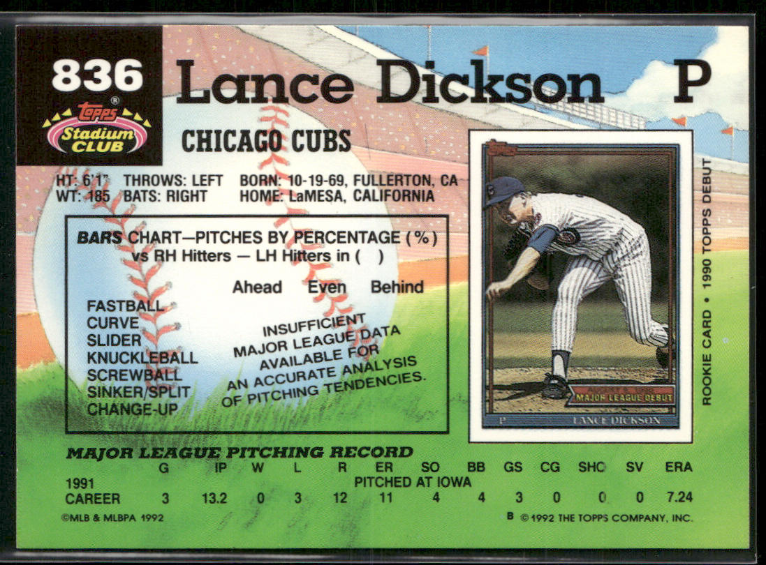 Lance Dickson 1992 Stadium Club #836b Chicago Cubs