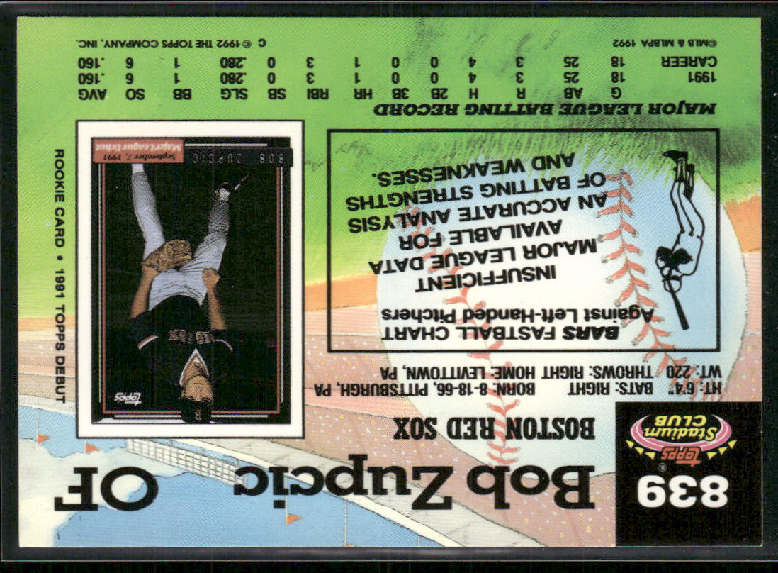 Bob Zupcic 1992 Stadium Club #839 RC Boston Red Sox