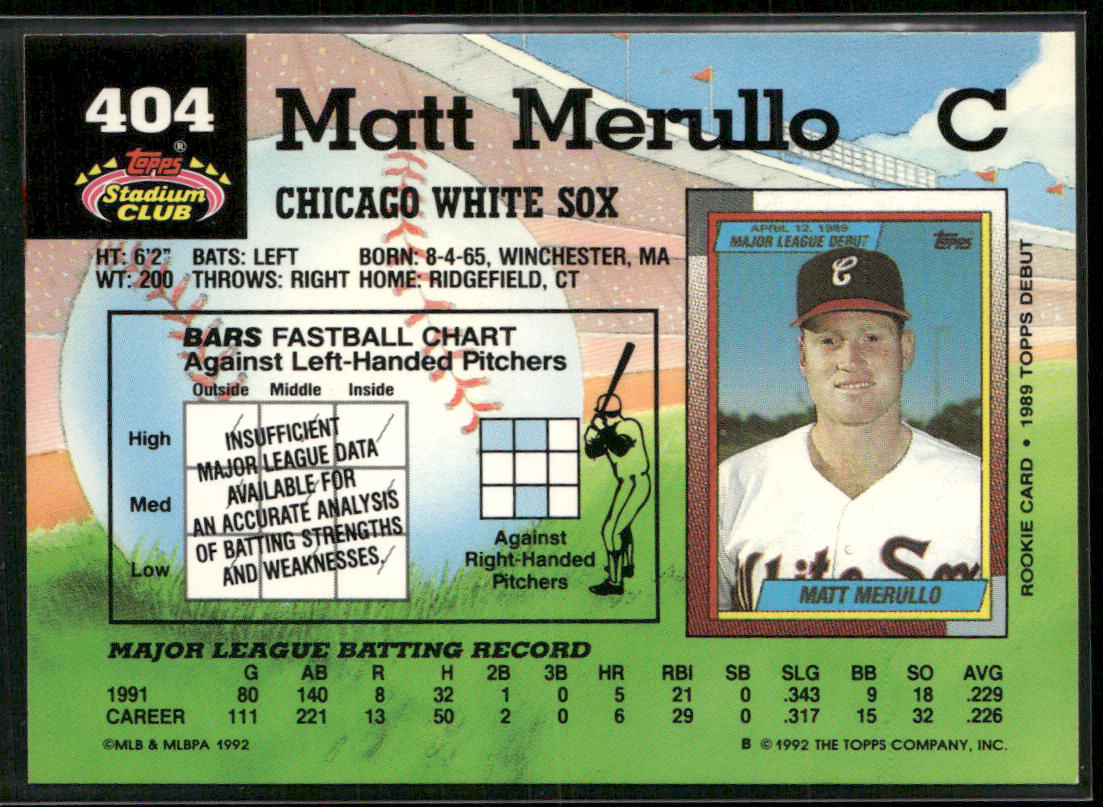 Matt Merullo 1992 Stadium Club #404 Chicago White Sox