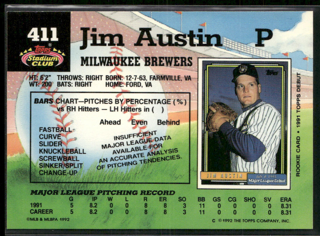 Jim Austin 1992 Stadium Club #411 RC Milwaukee Brewers