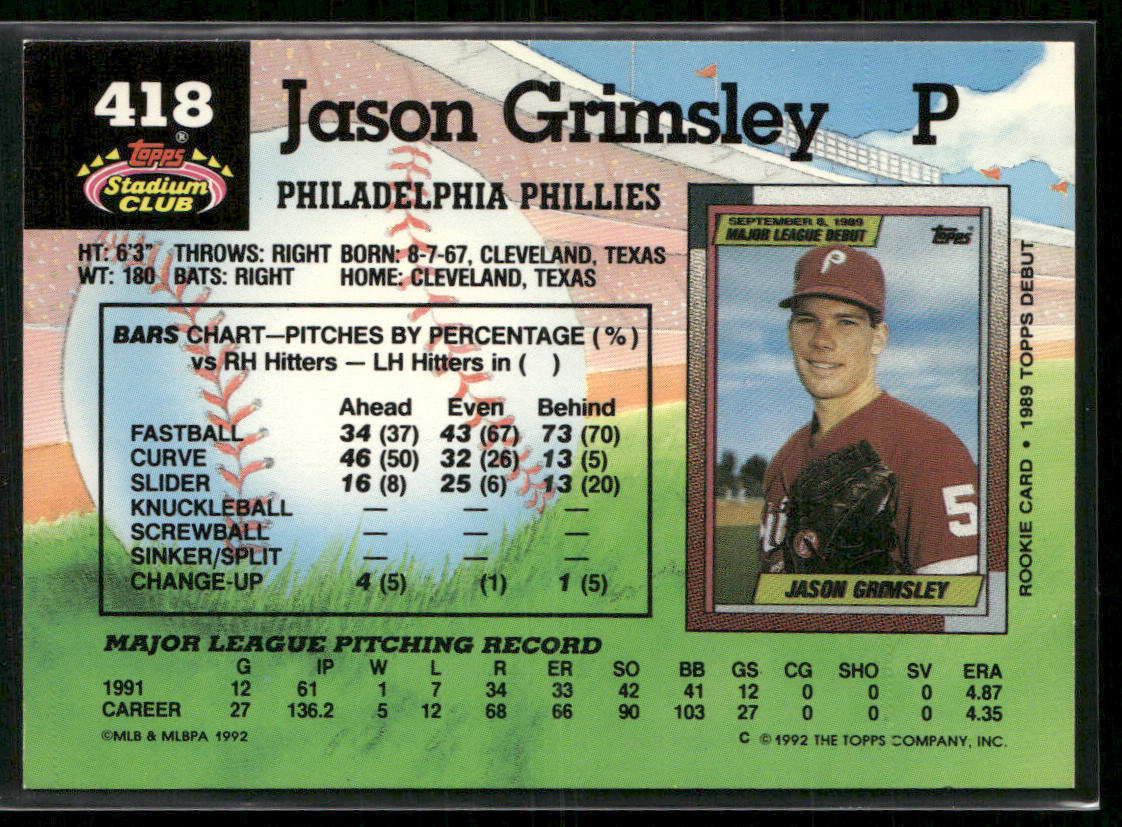 Jason Grimsley 1992 Stadium Club #418b Philadelphia Phillies