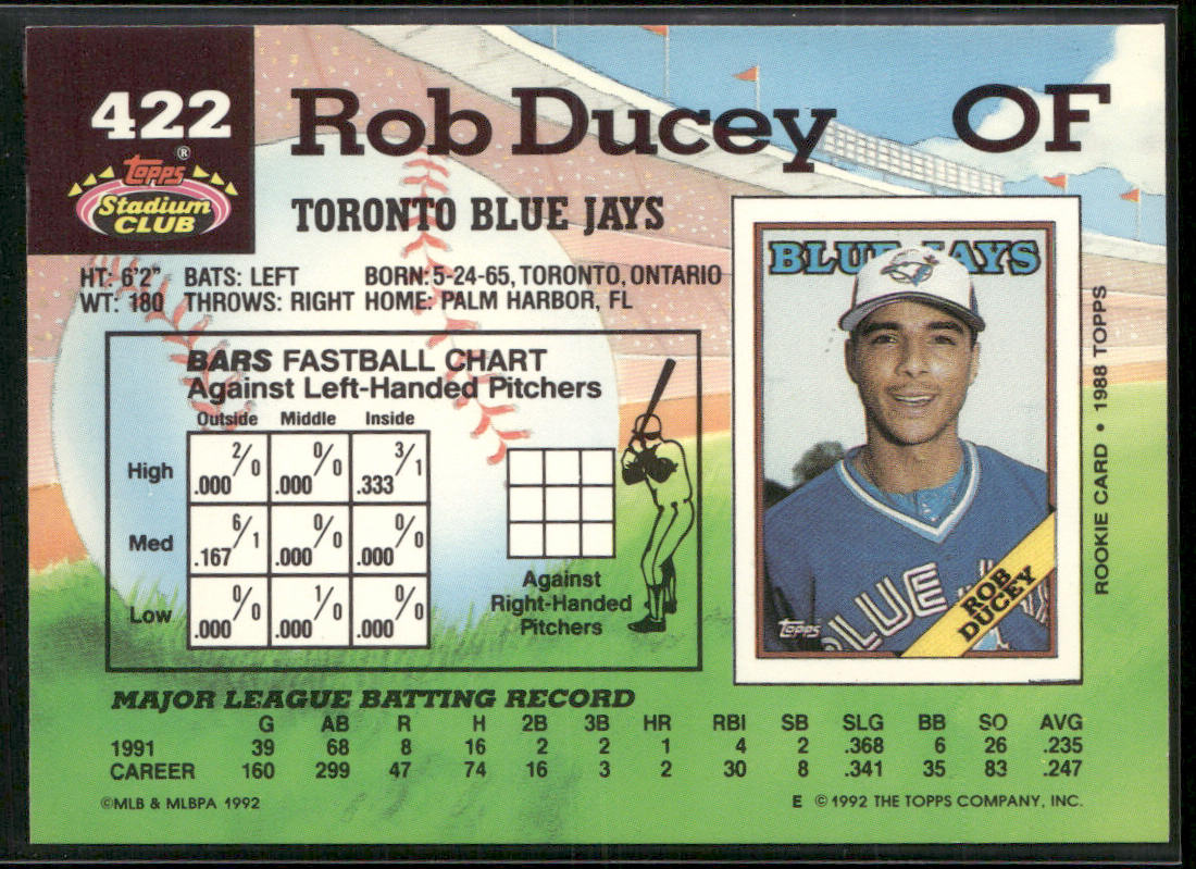Rob Ducey 1992 Stadium Club #422b Toronto Blue Jays