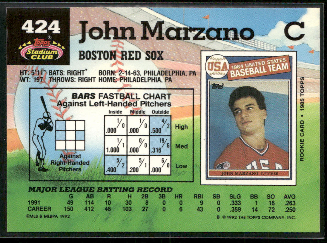 John Marzano 1992 Stadium Club #424b Boston Red Sox