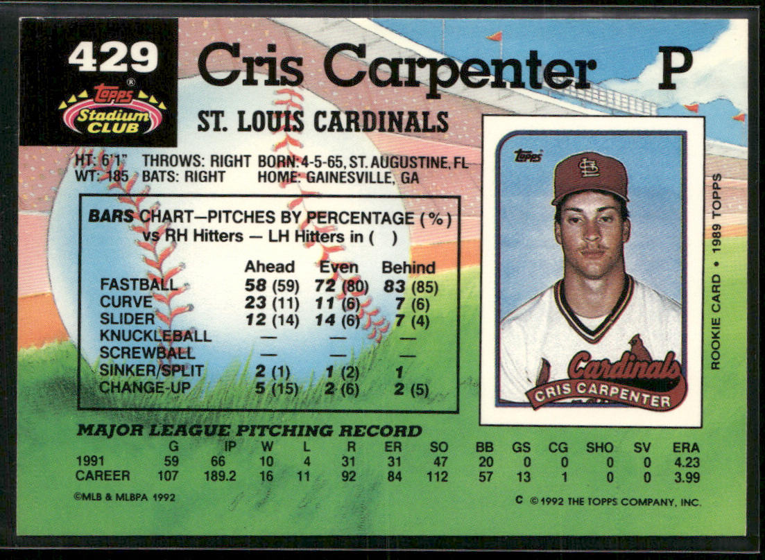 Cris Carpenter 1992 Stadium Club #429b St. Louis Cardinals
