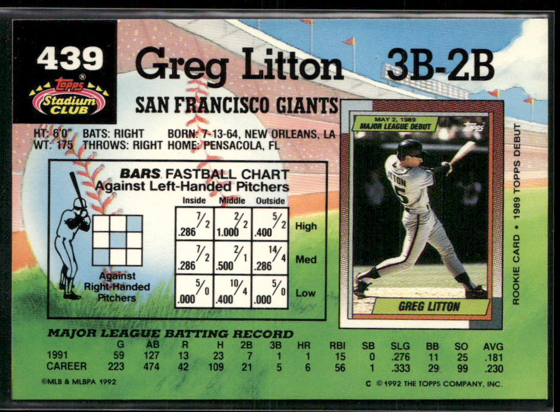 Greg Litton 1992 Stadium Club #439 San Francisco Giants