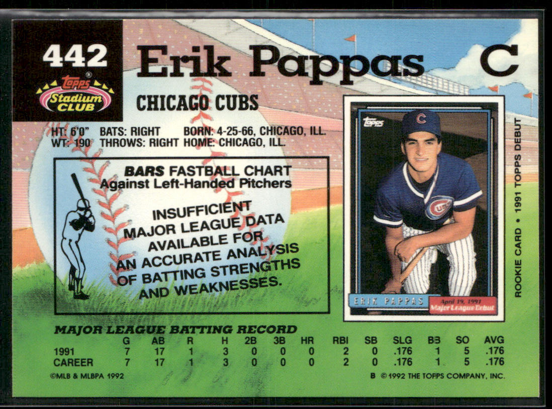 Erik Pappas 1992 Stadium Club #442b Chicago Cubs
