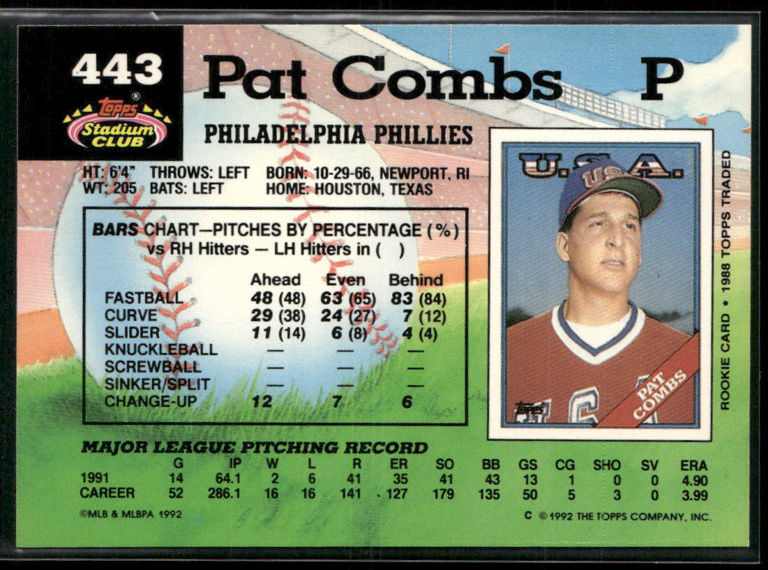 Pat Combs 1992 Stadium Club #443 Philadelphia Phillies