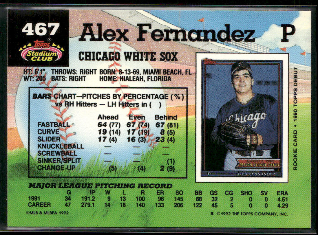 Alex Fernandez 1992 Stadium Club #467 Chicago White Sox