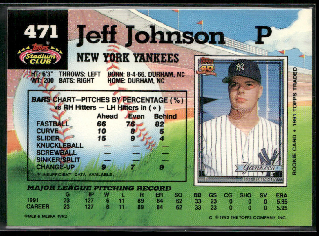 Jeff Johnson 1992 Stadium Club #471b New York Yankees