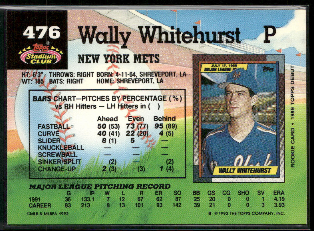 Wally Whitehurst 1992 Stadium Club #476 New York Mets