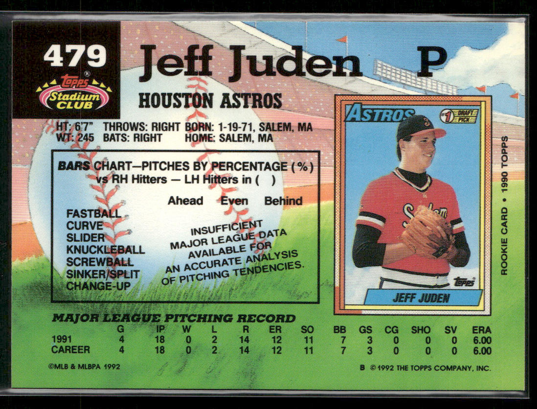 Jeff Juden 1992 Stadium Club #479b Houston Astros