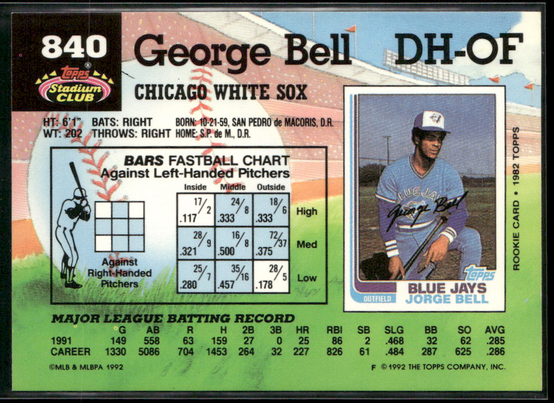 George Bell 1992 Stadium Club #840 Chicago White Sox