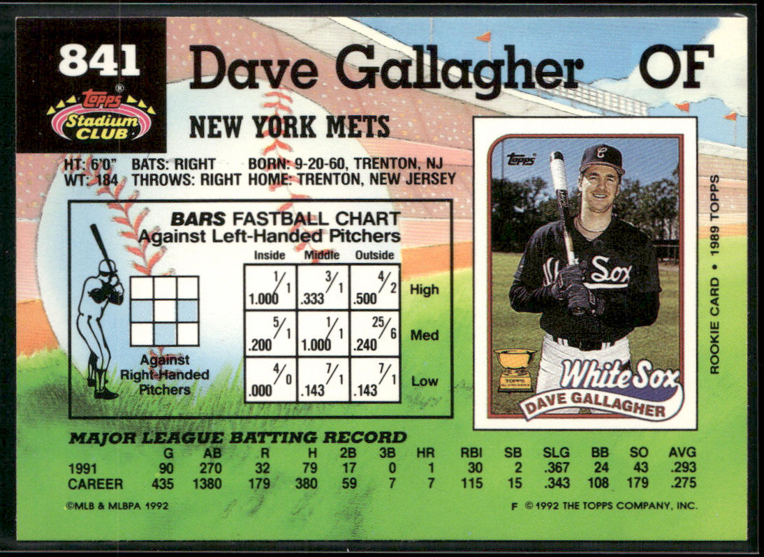 Dave Gallagher 1992 Stadium Club #841 New York Mets