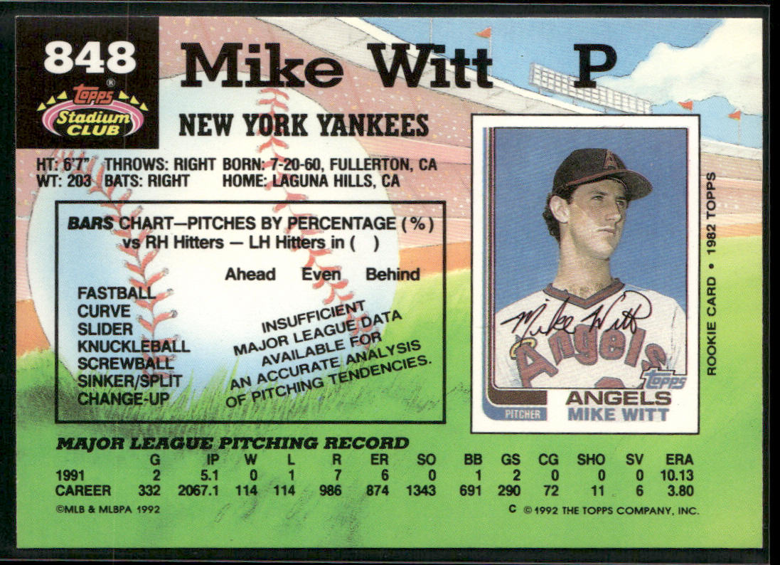 Mike Witt 1992 Stadium Club #848b New York Yankees