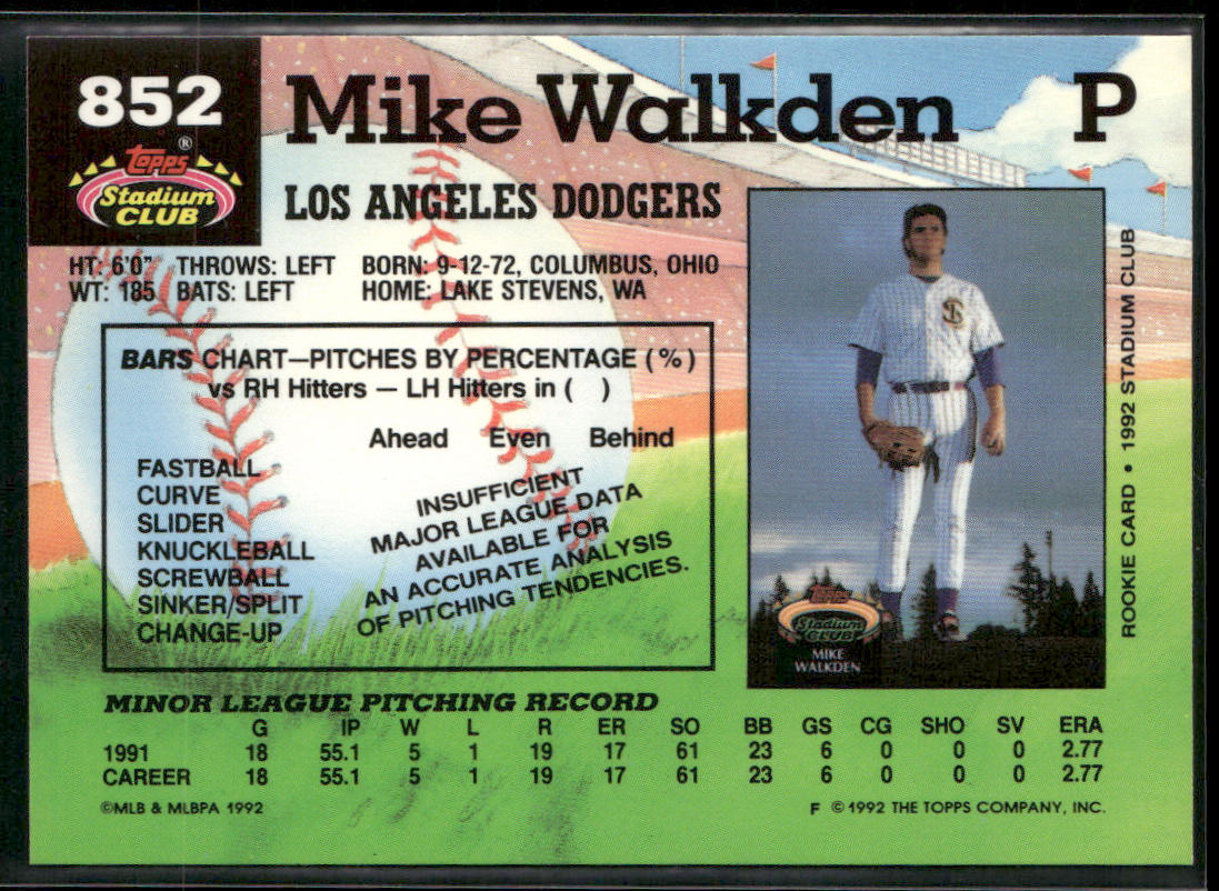 Michael Walkden 1992 Stadium Club #852b RC Los Angeles Dodgers