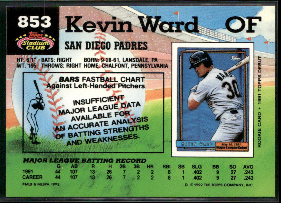 Kevin Ward 1992 Stadium Club #853b RC San Diego Padres