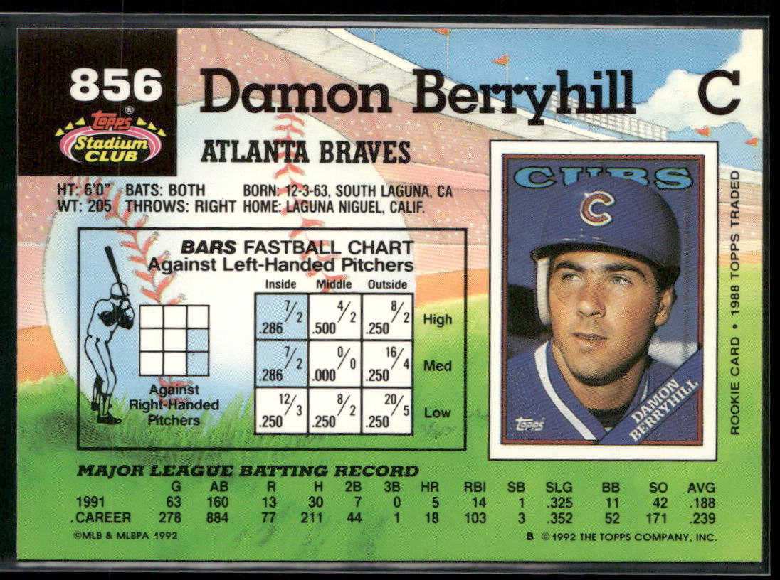 Damon Berryhill 1992 Stadium Club #856 Atlanta Braves
