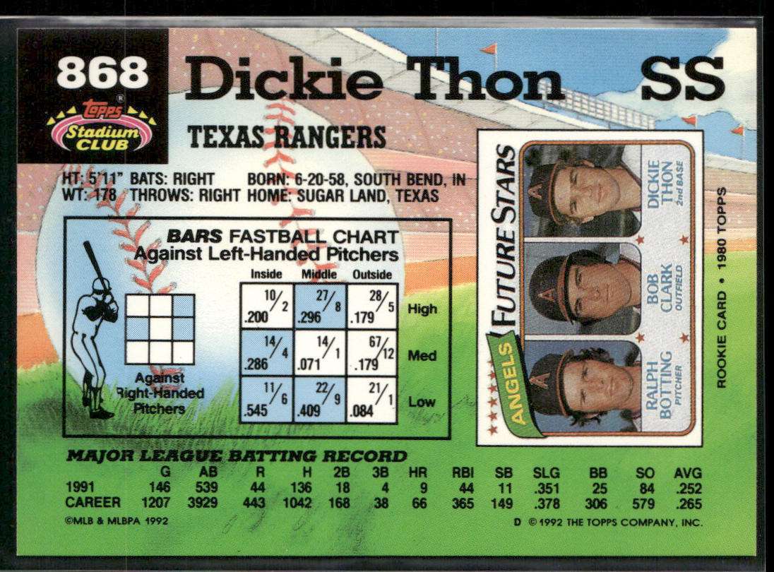 Dickie Thon 1992 Stadium Club #868 Texas Rangers