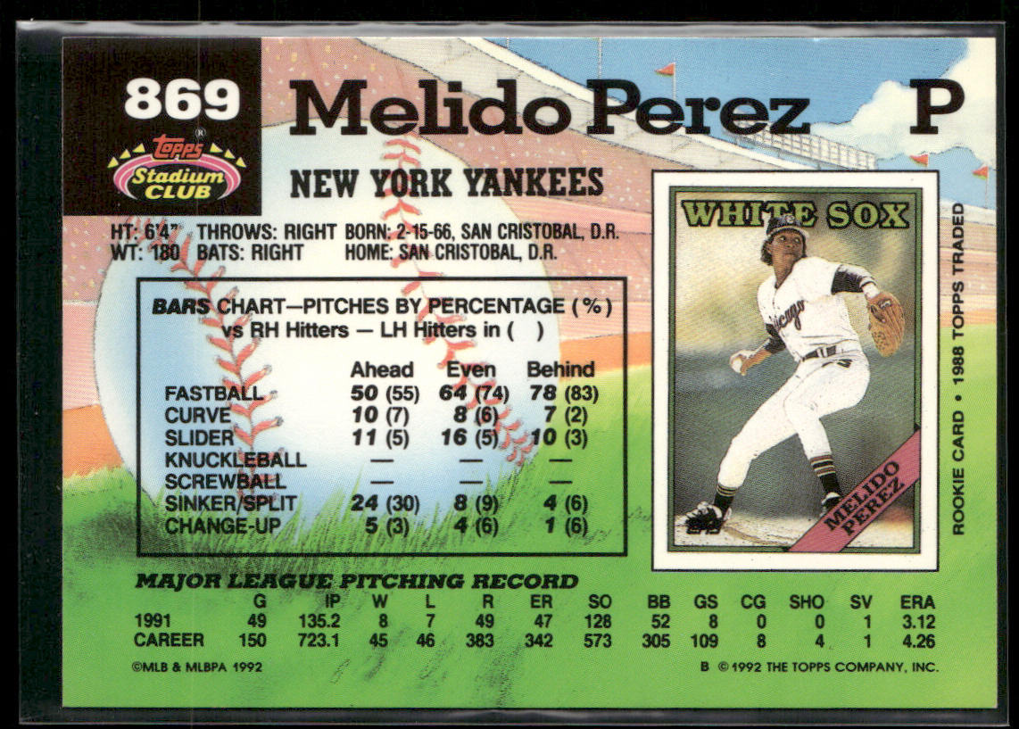 Melido Perez 1992 Stadium Club #869 New York Yankees