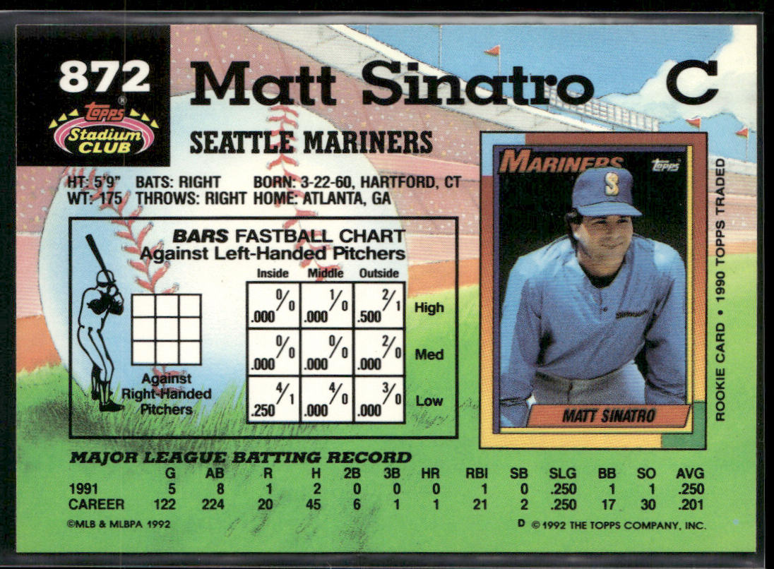 Matt Sinatro 1992 Stadium Club #872b Seattle Mariners
