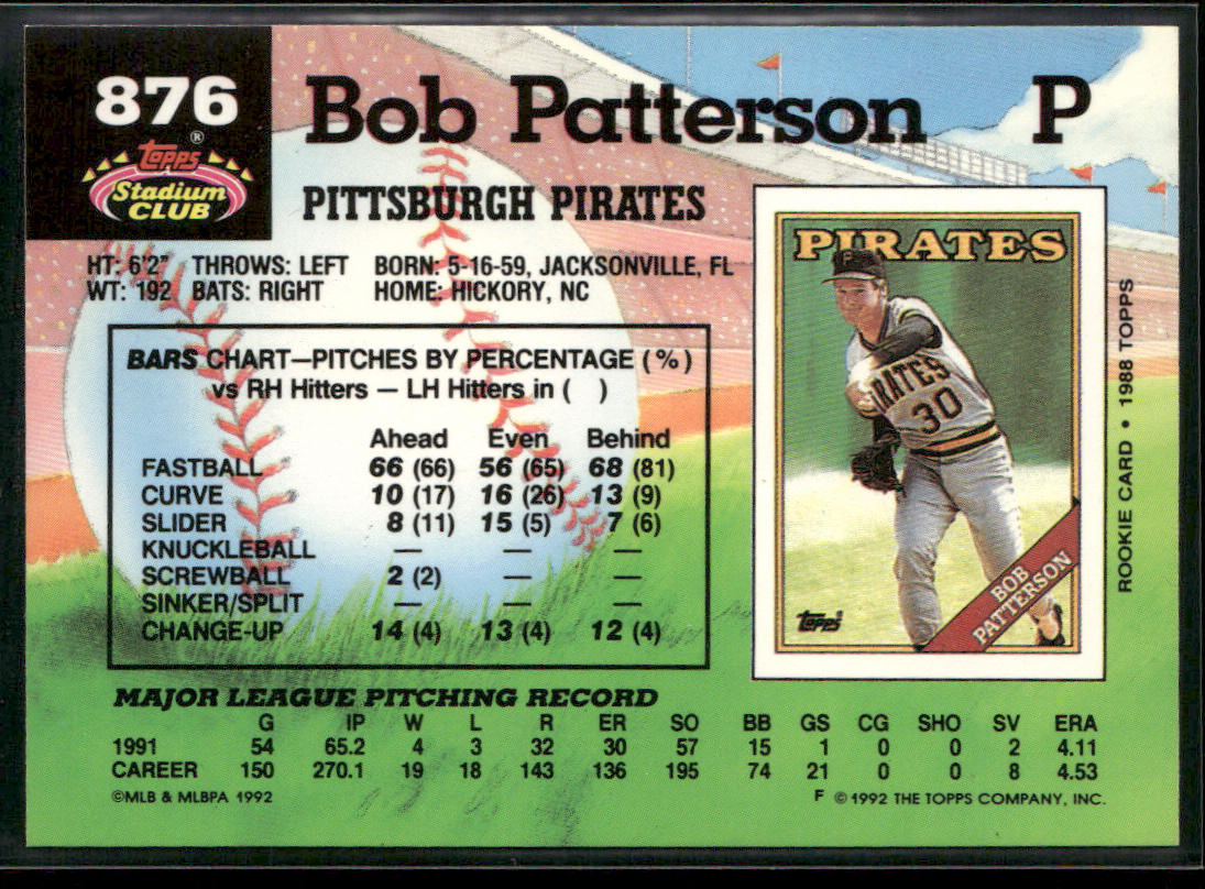 Bob Patterson 1992 Stadium Club #876 Pittsburgh Pirates