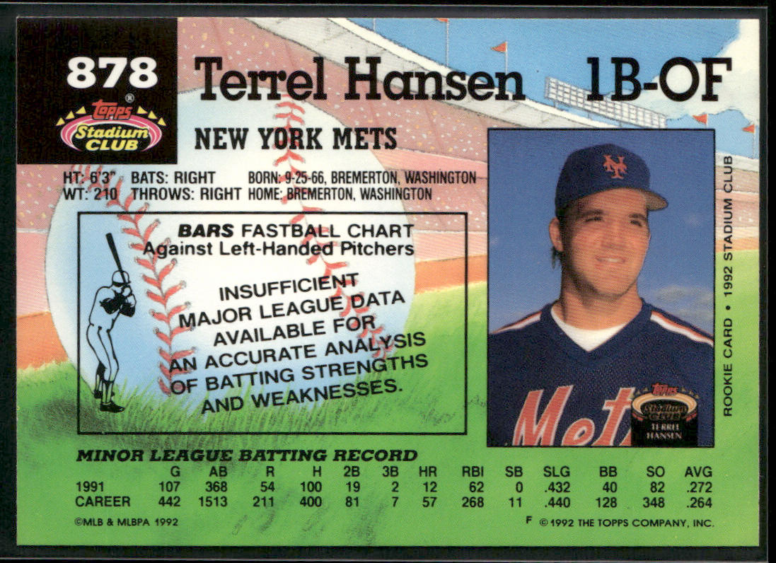 Terrel Hansen 1992 Stadium Club #878 RC New York Mets
