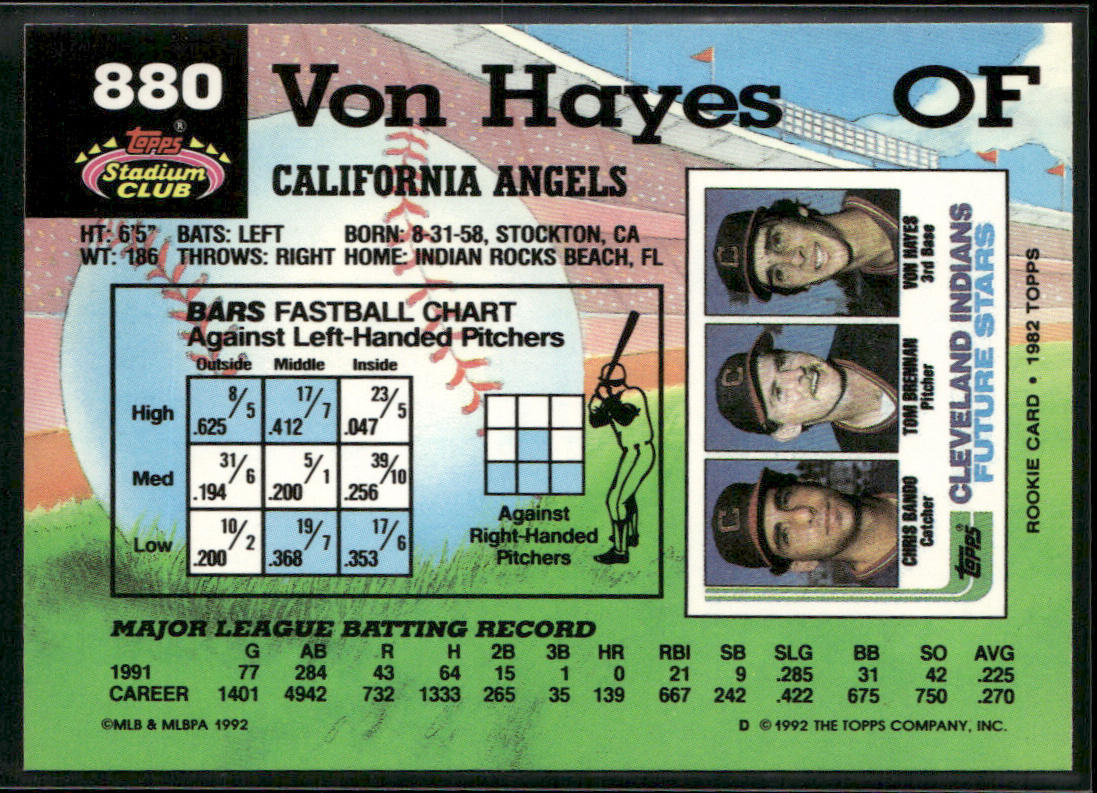 Von Hayes 1992 Stadium Club #880 California Angels