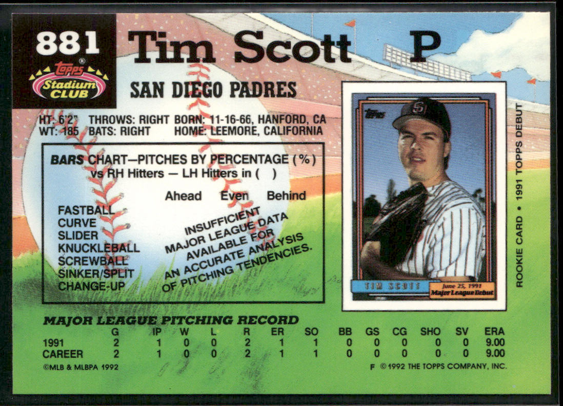 Tim Scott 1992 Stadium Club #881b RC San Diego Padres