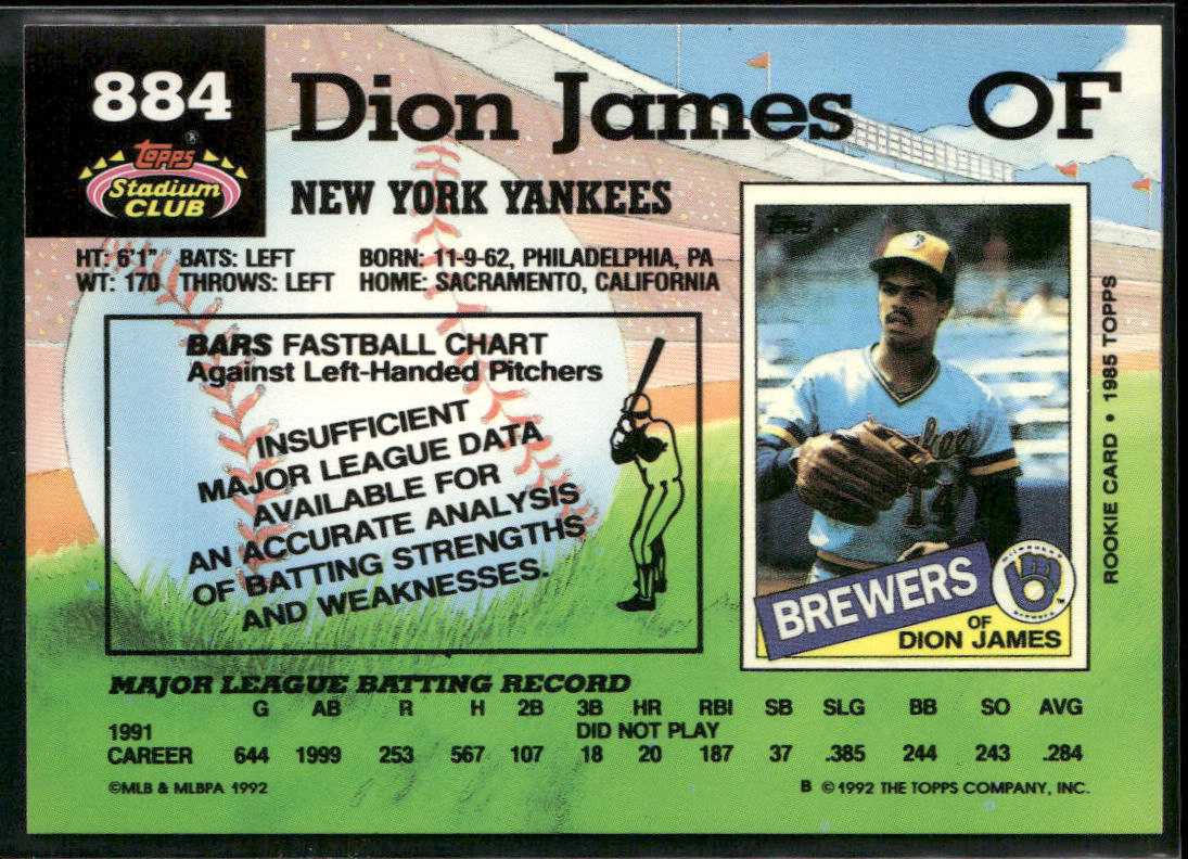 Dion James 1992 Stadium Club #884 New York Yankees