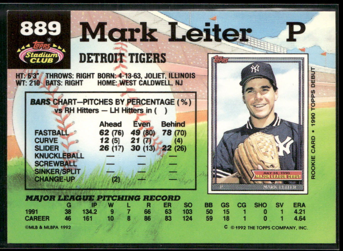 Mark Leiter 1992 Stadium Club #889 Detroit Tigers