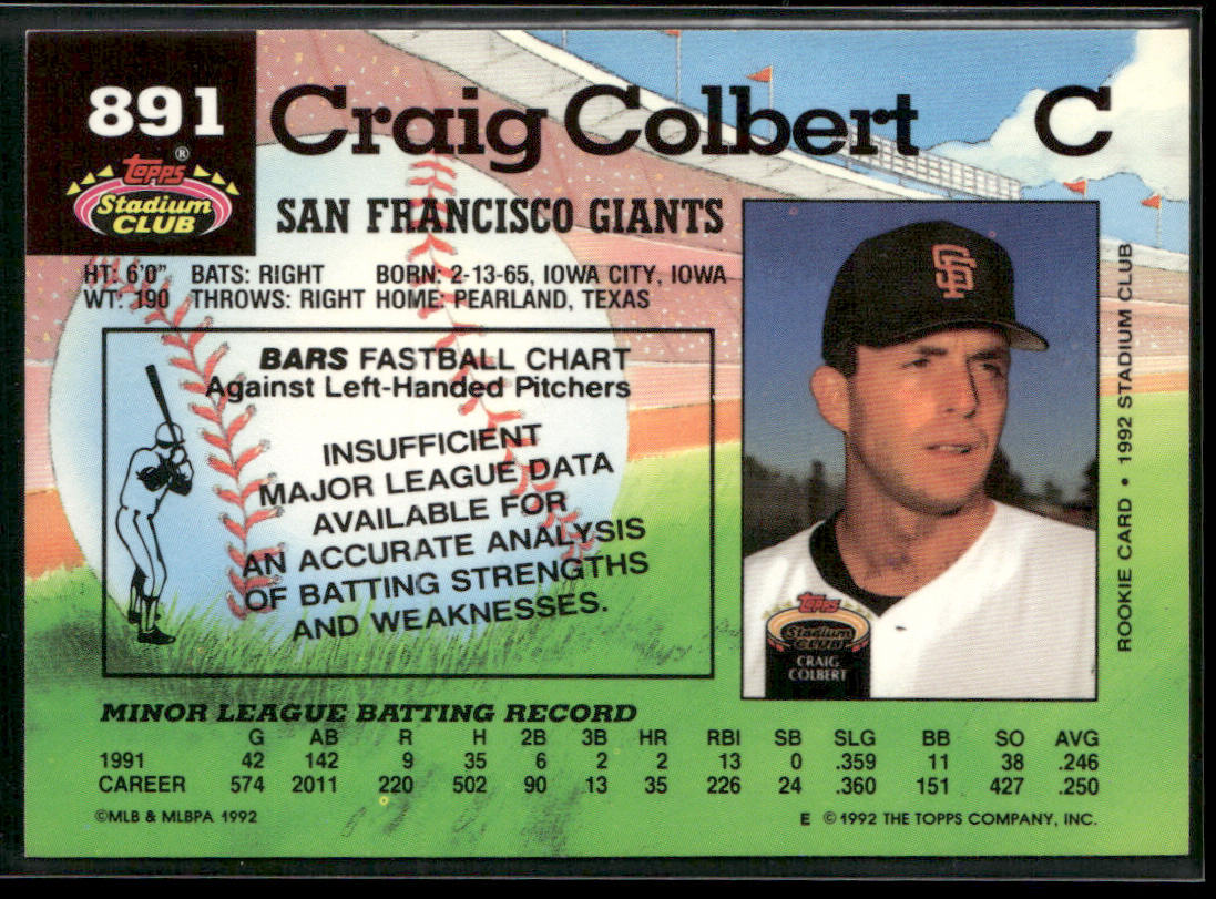 Craig Colbert 1992 Stadium Club #891b RC San Francisco Giants
