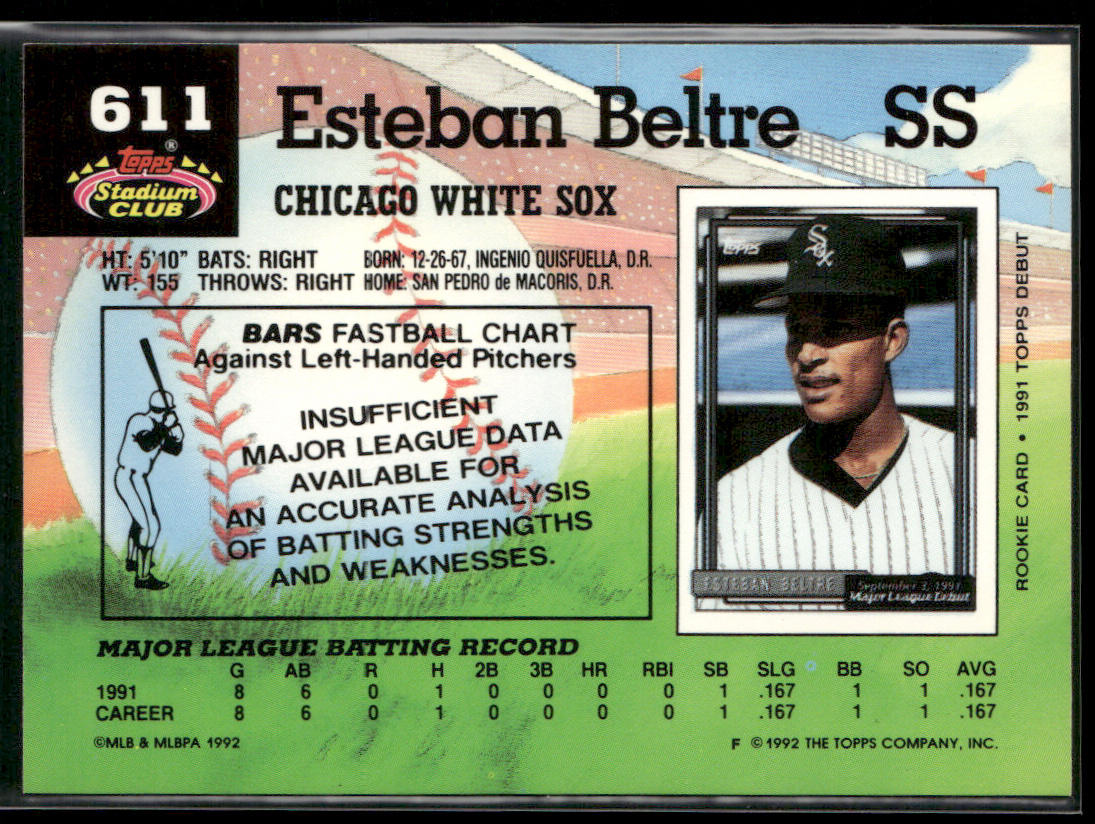 Esteban Beltre 1992 Stadium Club #611b RC Chicago White Sox