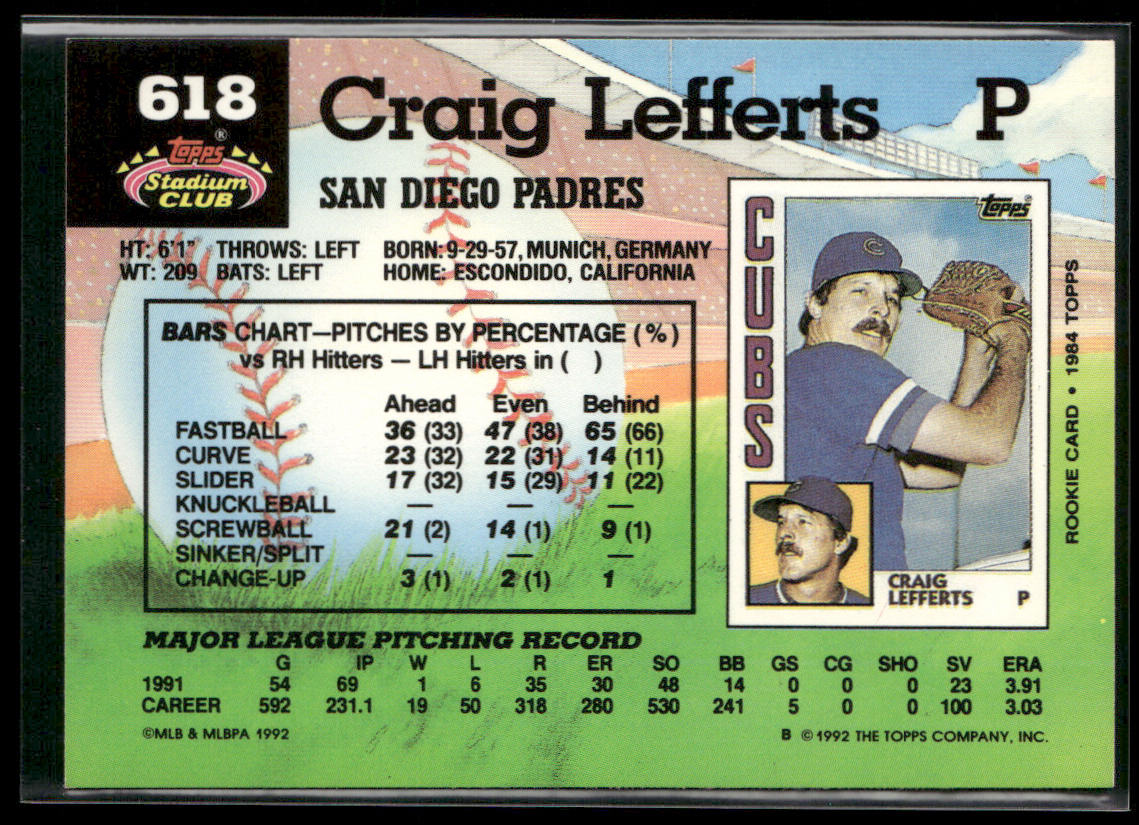 Craig Lefferts 1992 Stadium Club #618b San Diego Padres