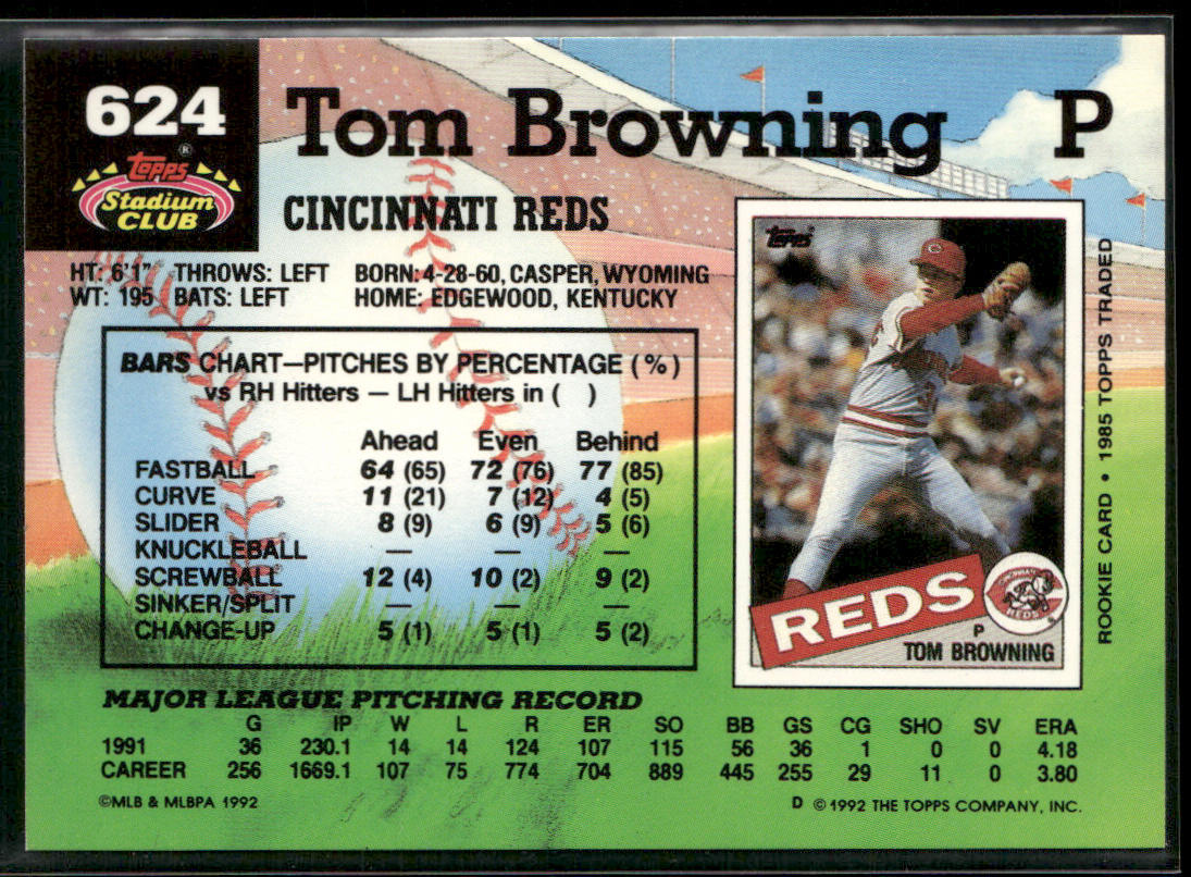 Tom Browning 1992 Stadium Club #624 Cincinnati Reds