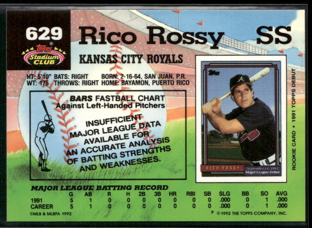 Rico Rossy 1992 Stadium Club #629 RC Kansas City Royals