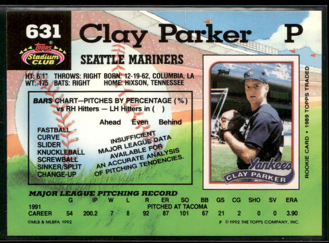 Clay Parker 1992 Stadium Club #631b Seattle Mariners