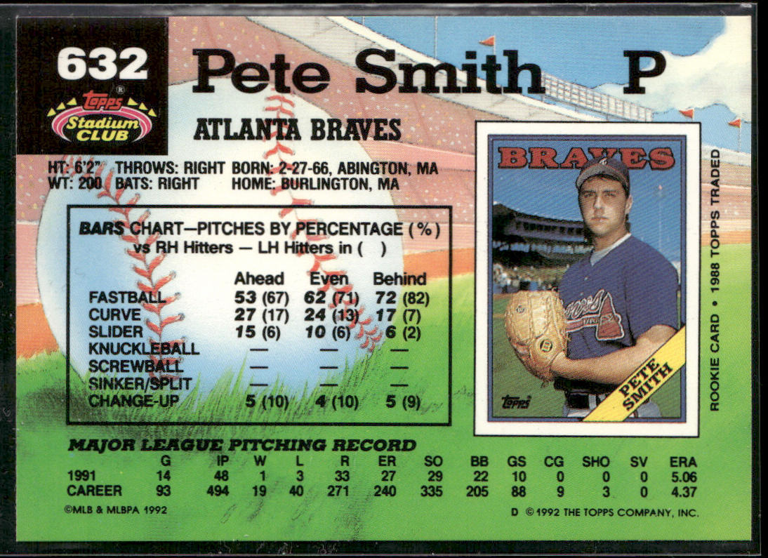 Pete Smith 1992 Stadium Club #632 Atlanta Braves