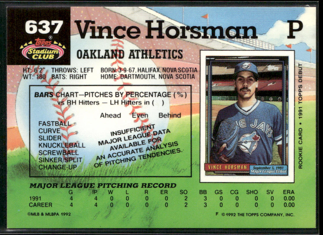 Vince Horsman 1992 Stadium Club #637 RC Oakland Athletics