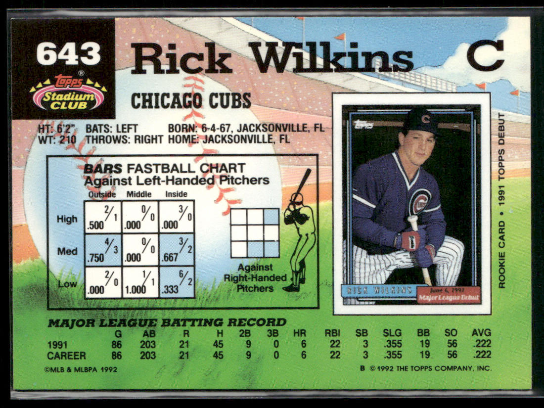 Rick Wilkins 1992 Stadium Club #643b Chicago Cubs