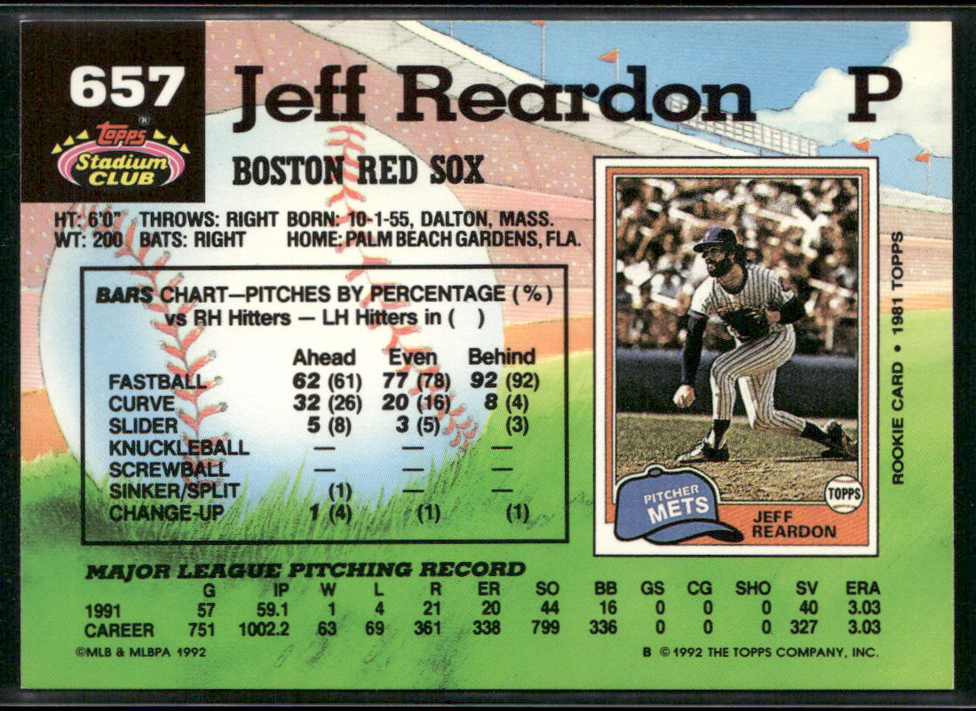 Jeff Reardon 1992 Stadium Club #657 Boston Red Sox